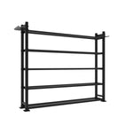 The Yard - Storage Rack - Tall by SMAI is a black storage rack with four horizontal shelves and solid vertical supports. Perfect for gym equipment, it includes a small slotted attachment on the top left corner and stands on a white background.