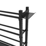 The Yard - Storage Rack - Tall by SMAI features black metal construction, horizontal bars, and a small slotted platform at the top right, making it ideal for gym equipment storage. Its sturdy, industrial design stands out against a white background.