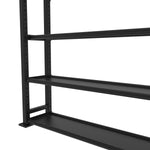 A close-up of the SMAI The Yard - Storage Rack - Tall, a black metal gym storage unit with four shelves. Only part of the shelving frame is shown against a white background.