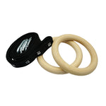 The Yard - Wooden Gym Rings with Numbered Straps by SMAI include two wooden rings, black numbered adjustable straps, and metal carabiners for versatile strength training and bodyweight exercises. Shown on a white background.