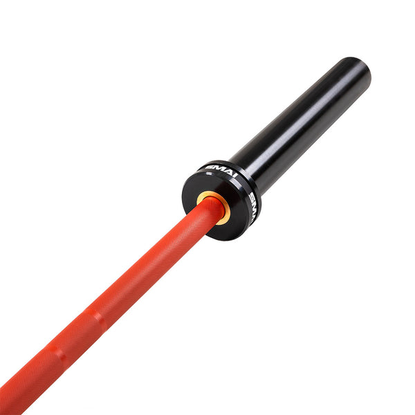 A close-up of the SMAI Barbell - Red Ceramic Coat - 15kg shows its knurled shaft, black sleeve, and silver ring near the end, positioned at an angle on a white background.