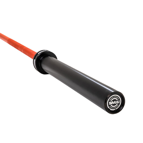 A close-up of the SMAI Barbell - Red Ceramic Coat - 20kg, showcasing its rust-resistant Olympic design with black and red colors and white specifications on the end cap.