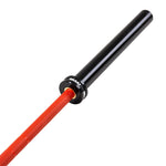A close-up of the SMAI Barbell - Red Ceramic Coat - 20kg, featuring a rust-resistant red textured grip and black sleeve, designed for weightlifting and strength training.