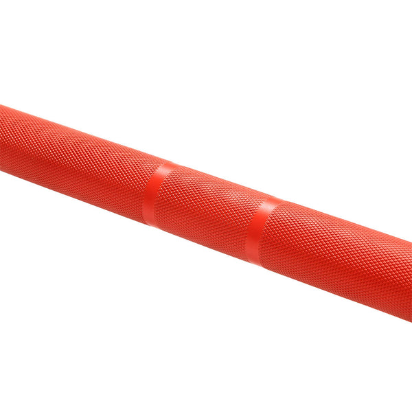 Close-up of the SMAI Barbell - Red Ceramic Coat - 15kg, featuring a knurled grip pattern and smooth bands, set against a white background.