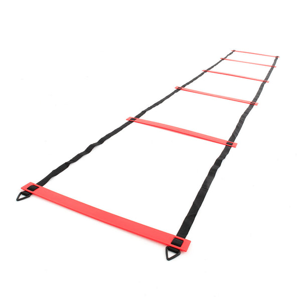 The ATHLIV - Agility Ladder 400mm x 3000mm from Sale Item, featuring red rungs and black straps, is laid flat on a white surface, providing an indispensable training tool aimed at enhancing speed and coordination for sports or fitness enthusiasts.