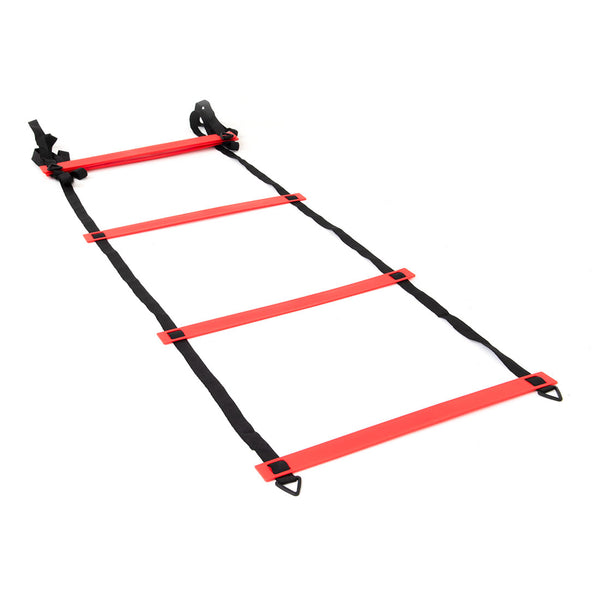 The Sale Item ATHLIV Agility Ladder, measuring 400mm x 3000mm in red and black, is an essential training tool laid out flat to enhance speed and precision during exercises.