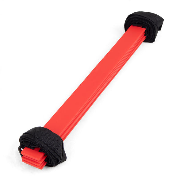 A folding tent stake made of red plastic with black fabric straps on both ends, ideal for anchoring the Sale Item ATHLIV Agility Ladder 400mm x 3000mm or tents to the ground.