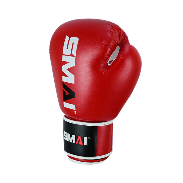 The SMAI Essentials Red Boxing Glove, shown upright against a white background with "SMAI" in white letters, is perfect for sparring or training sessions.