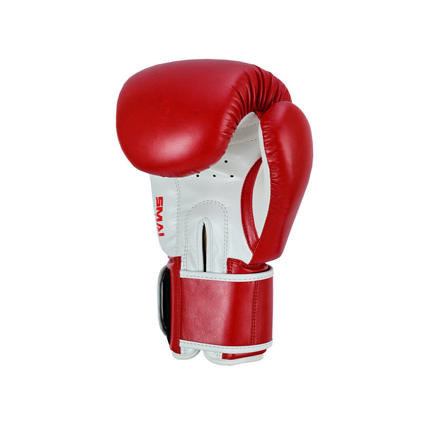 The SMAI Essentials Red Boxing Glove, featuring a striking red and white design with a black strap, is shown upright against a white background—ideal for sparring or training sessions.
