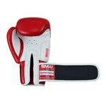 The Essentials Red Boxing Glove by SMAI features a red and white design with the SMAI logo on the wrist strap, extended to reveal its black inner lining and label.