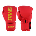 A pair of SMAI Gold Series Boxing Gloves in Red/Gold, designed for shock protection with secure wrist straps and bold yellow branding, are displayed showing both the palm and back sides.