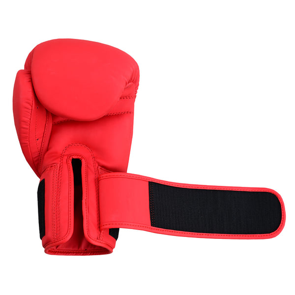 A single SMAI Gold Series Boxing Glove - Red/Gold with an undone black-and-red Velcro strap for superior shock protection is displayed on a plain white background, the strap extended to the side.