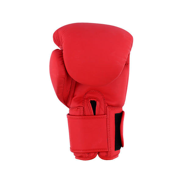 The SMAI Gold Series Boxing Glove - Red/Gold is shown upright against a plain white background, featuring a Velcro strap and designed for superior shock protection.
