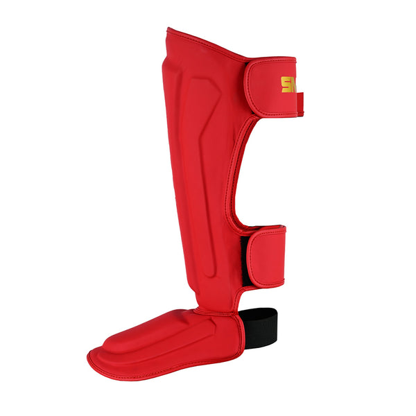 The SMAI Gold Series Muay Thai Shin Guards in Red/Gold offer foot protection, multi-layer EVA padding, two adjustable Velcro straps, and black elastic for a secure fit—ideal for martial arts or sports use.