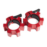 The SMAI Aluminium Lock 50mm Collars (Pair) - Red feature black locking levers to secure weight plates on Olympic 50mm bars. Both collars are displayed side by side on a white background.