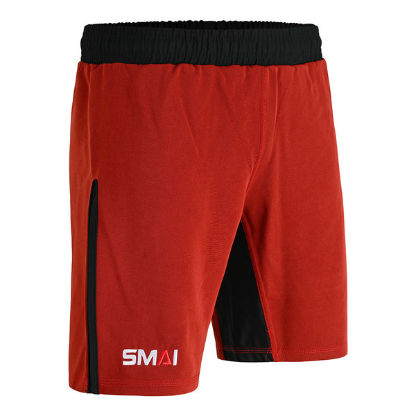 SMAI Hybrid MMA Grappling Shorts in black/red feature a black elastic waistband, black side stripes, and a white SMAI logo. Lightweight and durable, these shorts are ideal for training, intense workouts, or sports.