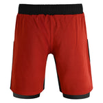 The SMAI Hybrid MMA Grappling Shorts - Black / Red feature a black elastic waistband, inner compression layer, black side panels, and a simple durable design—ideal for intense workouts. Shown from the back.