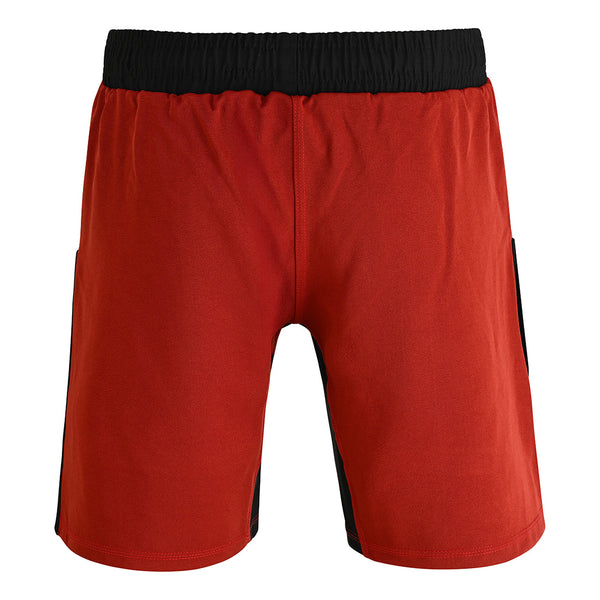 SMAI Hybrid MMA Grappling Shorts in black and red, featuring a black elastic waistband and side panels. Shown from the front on a white background, these sporty shorts are ideal for tough training sessions.