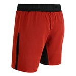 SMAI Hybrid MMA Grappling Shorts in black and red feature a black elastic waistband and a vertical black accent. These durable training shorts are displayed from a rear-side angle.
