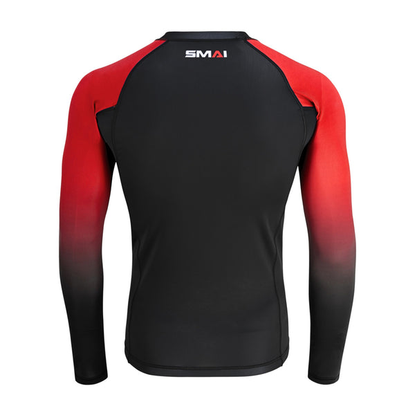 The SMAI Long Sleeve Rash Guard - Red features a black body with red sleeves fading to black at the wrists, compression technology, and a small "SMAI" logo near the collar on the back.