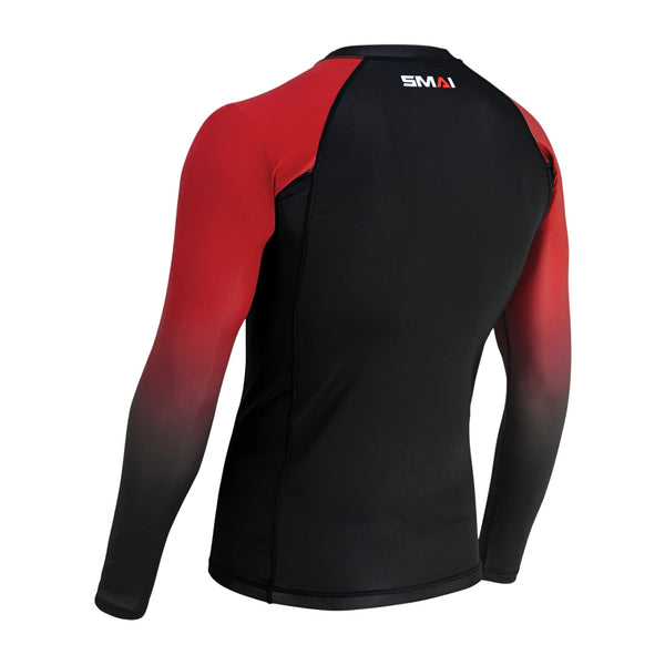 Back view of the SMAI Long Sleeve Rash Guard - Red, featuring a black body, red gradient sleeves, compression technology, and a small "SMAI" logo near the back neck—perfect for no-gi grappling.