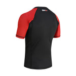 The SMAI Short Sleeve Rash Guard - Red features a black body with red sleeves, "SMAI" in white near the collar, and is designed for BJJ and no-gi grappling.