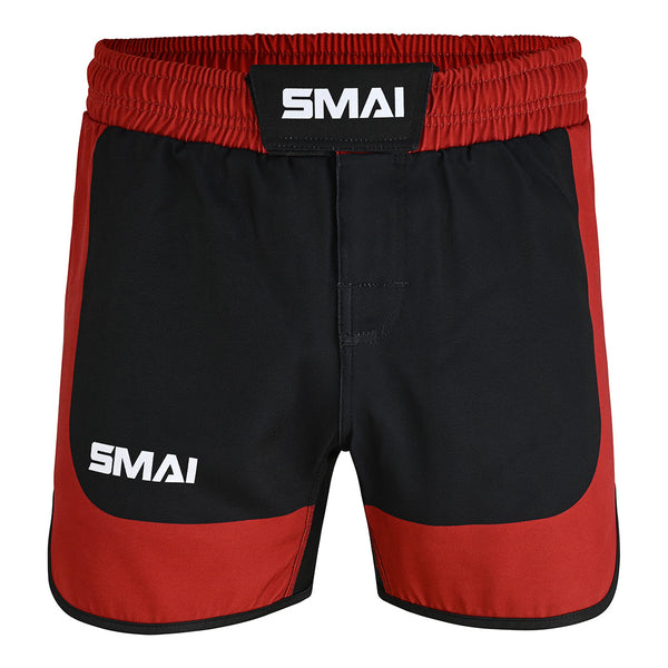 The SMAI MMA Grappling Shorts - Black / Red feature an elastic waistband, Velcro closure, and durable polycotton with stretch gusset for comfort and flexibility.