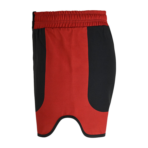 The SMAI MMA Grappling Shorts in black and red feature a color block design, elastic waistband, curved leg openings, and a stretch gusset for flexibility. Displayed against a white background.
