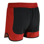 The SMAI MMA Grappling Shorts - Black / Red feature a black base, red side panels, red elastic waistband, and curved hem with black trim. Made from durable polycotton for both style and performance.