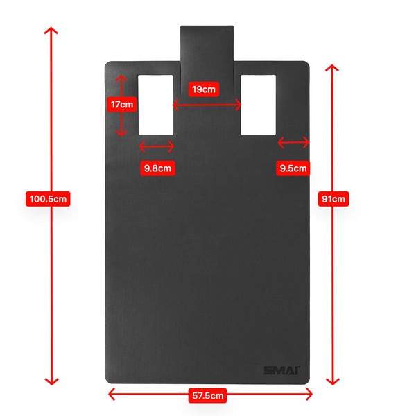 The SMAI Pilates Reformer Carriage Topper / Protector is a black rectangular mat with two top cut-outs (9.8x17cm and 9.5x17cm), spacing of 19cm and 91cm, height 100.5cm, and width 57.5cm, marked with red measurement arrows.