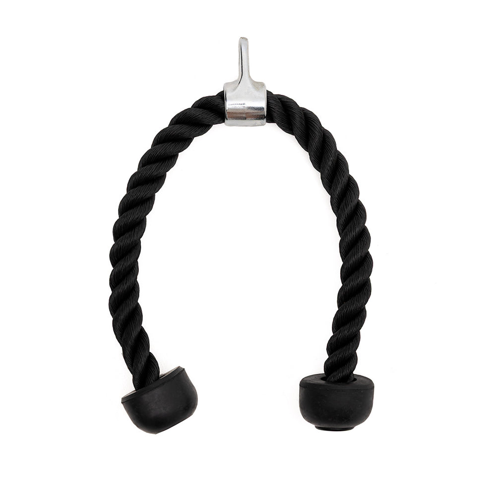 The SMAI Tricep Rope Cable Attachment with Chrome Hook features a black twisted rope with rubber end caps, ideal for cable machines and functional trainers in weightlifting routines.