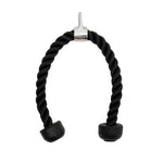 The SMAI Tricep Rope Cable Attachment with Chrome Hook features a black twisted rope with rubber end caps, ideal for cable machines and functional trainers in weightlifting routines.