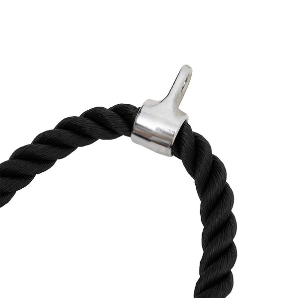 Close-up of the SMAI Tricep Rope Cable Attachment with Chrome Hook, featuring a twisted black rope and a sturdy silver clamp with loop—perfect for functional trainers and cable machine workouts.