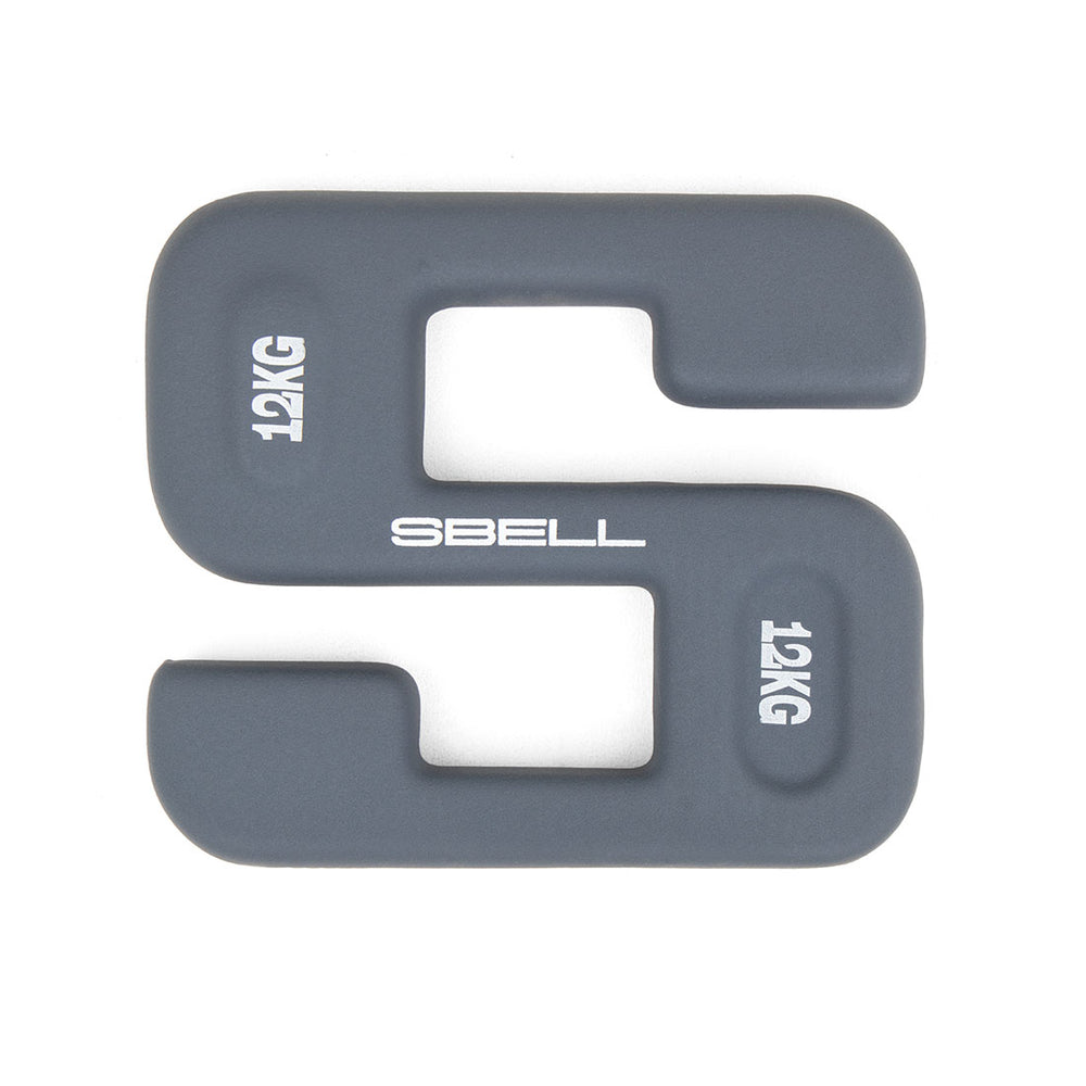 The SBELL Midnight 12kg, a gray S-shaped weight with "12KG" printed on both sides in white text, is perfect for strength and conditioning. This modern, sleek design with rounded edges from No Sync To Channel Engine is ideal for any commercial gym, offering both style and functionality.