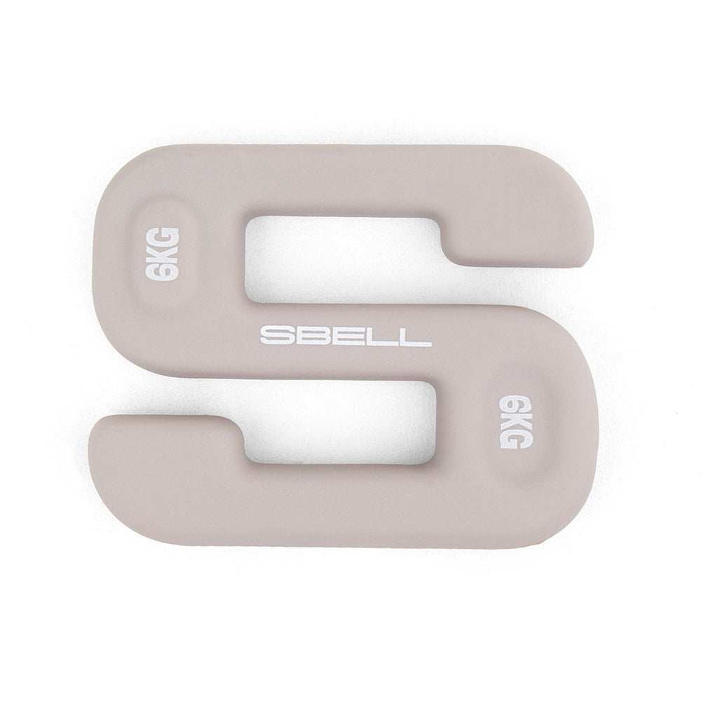 Introducing the SBELL Grey 6kg kettlebell by No Sync To Channel Engine: This elegantly designed, S-shaped kettlebell has "6KG" and "SBELL" printed on it, making it perfect for free weight training. It is ideal for both fitness enthusiasts and commercial gym settings, expertly crafted to enhance your strength training routines.