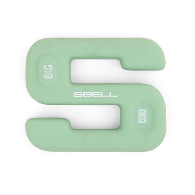 Introducing the SBELL Mint 8kg from No Sync To Channel Engine, a uniquely designed dumbbell shaped like the letter "S" and ideal for free weight training. With its mint green color, "8KG" markings on the sides, and "SBELL" prominently featured in the center, this dumbbell boasts rounded edges and a smooth surface. The sleek design against a white background makes it an attractive addition to any commercial gym setting.