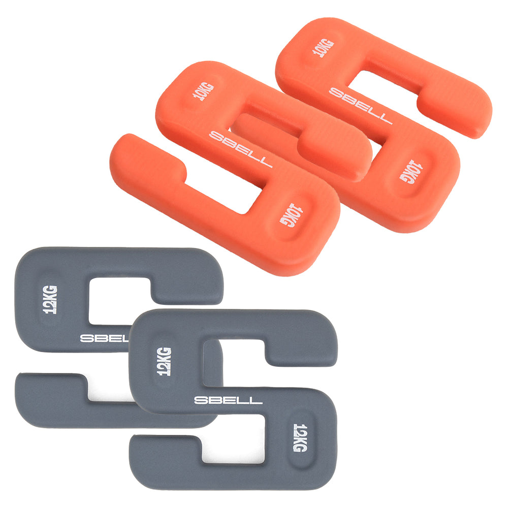 The SBELL Pro pack includes a set of four U-shaped weight plates, featuring two in orange and two in gray, each weighing 12 kg. These weights are ideal for strength and conditioning exercises and include a central cutout for easy handling.