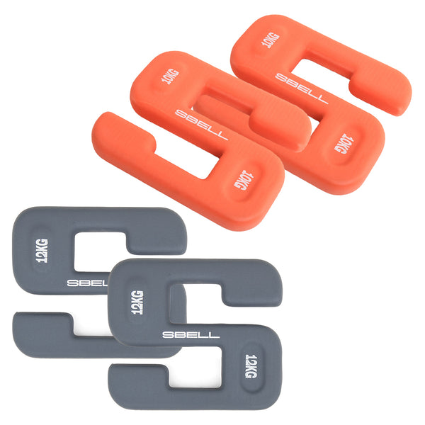 The SBELL Pro pack includes a set of four U-shaped weight plates, featuring two in orange and two in gray, each weighing 12 kg. These weights are ideal for strength and conditioning exercises and include a central cutout for easy handling.