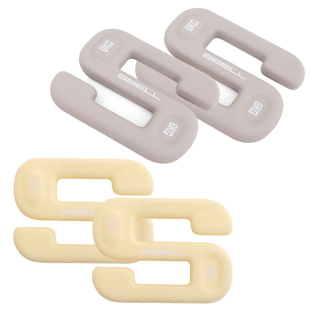 Introducing the SBELL Starter pack by No Sync To Channel Engine: a set of four U-shaped plastic objects available in gray and beige, labeled with "SBELL" and either "9KG" or "4KG." These versatile tools are perfect for enhancing your home gym setup, making them ideal for free weight training or resistance exercises.