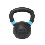 A 10 kg kettlebell from the "No Sync To Channel Engine" brand, designed with a sleek black finish and a stylish blue stripe near the handle. Its smooth, powder-coated surface enhances its aesthetic appeal.