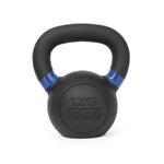 A cast iron kettlebell, weighing 12 kg and featuring a blue stripe on the handle for easy identification, showcases the durability that can be found in kettlebells from the Cast Iron Kettlebell Set 160kg by No Sync To Channel Engine.
