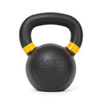 A sturdy cast iron kettlebell from the "No Sync To Channel Engine" brand, weighing 16 kg, showcases distinctive yellow color-coded stripes near the handle. The front displays the text "16KG" and "SMAI," all set against a clean white background.