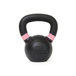 An 8 kg durable kettlebell in sleek black with a pink stripe around the handle, boasting a powder-coated surface, features "No Sync To Channel Engine" embossed on the front, enhancing its appeal.
