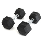 Two black SMAI Classic Rubber Hex Dumbbells (5 kg each) with silver handles sit on a white surface. Sold as a pair, they're ideal for any set and compatible with the Classic 1-10kg vertical storage rack.