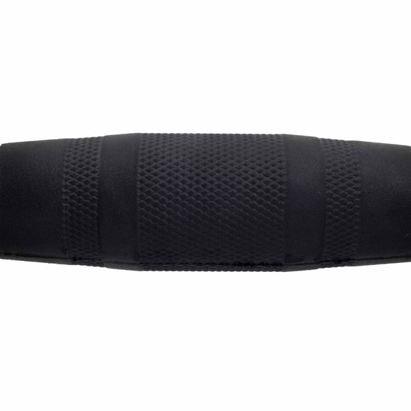 Close-up of the black, textured ergonomic grip on the SMAI The Yard - Rubber Hex Dumbbell 10kg (Pair), showing a knurled pattern and smooth edges—typical of commercial gym equipment.