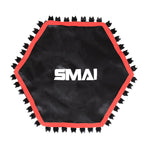 The SMAI Rebounder Mini Trampoline 50" Replacement Mat is black and hexagonal with red trim, black bungee hooks, and features the white "SMAI" logo in the center.