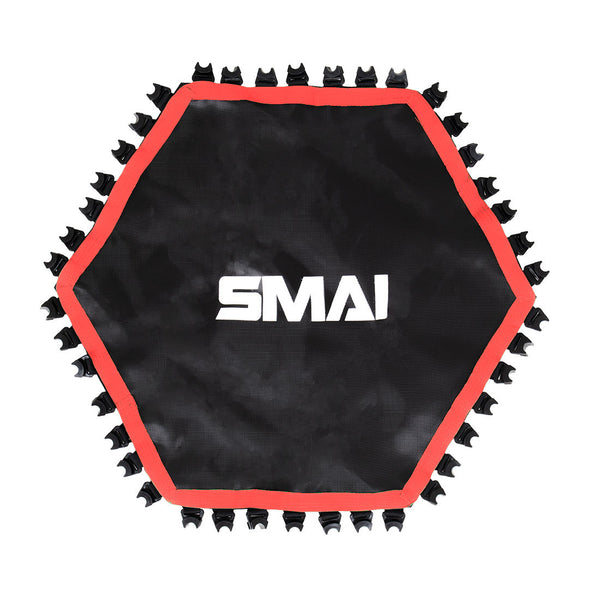 The SMAI Rebounder Mini Trampoline 50" Replacement Mat is black and hexagonal with red trim, black bungee hooks, and features the white "SMAI" logo in the center.
