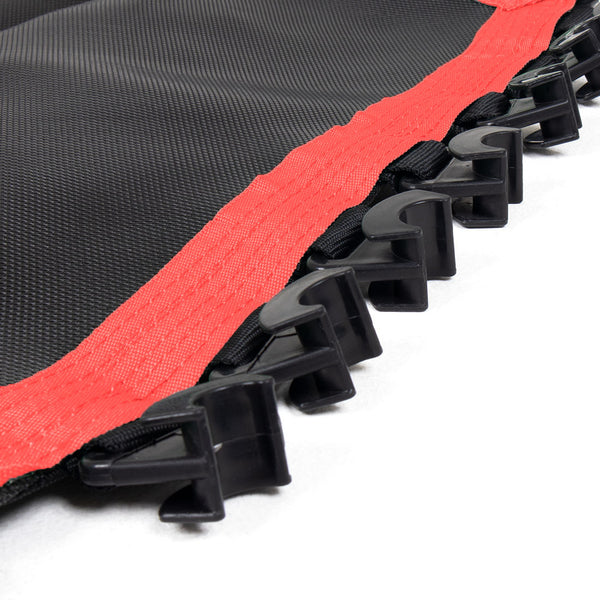 Close-up of a SMAI Rebounder Mini Trampoline 50" Replacement Mat in black with a red border, featuring black clips along the edge, displayed against a white background.