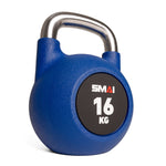 The Premium Polyurethane Kettlebell by SMAI, featuring a blue body and silver handle, showcases the "SMAI" logo and "16 KG" on a black label. Its polyurethane design resists rust and scratches, while the stainless steel handles enhance durability and style.