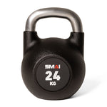 A black kettlebell with a stainless steel handle from SMAI displays "SMAI" above "24 KG." This Premium Polyurethane Kettlebell (PU) offers excellent rust and scratch resistance for lasting durability in workouts.